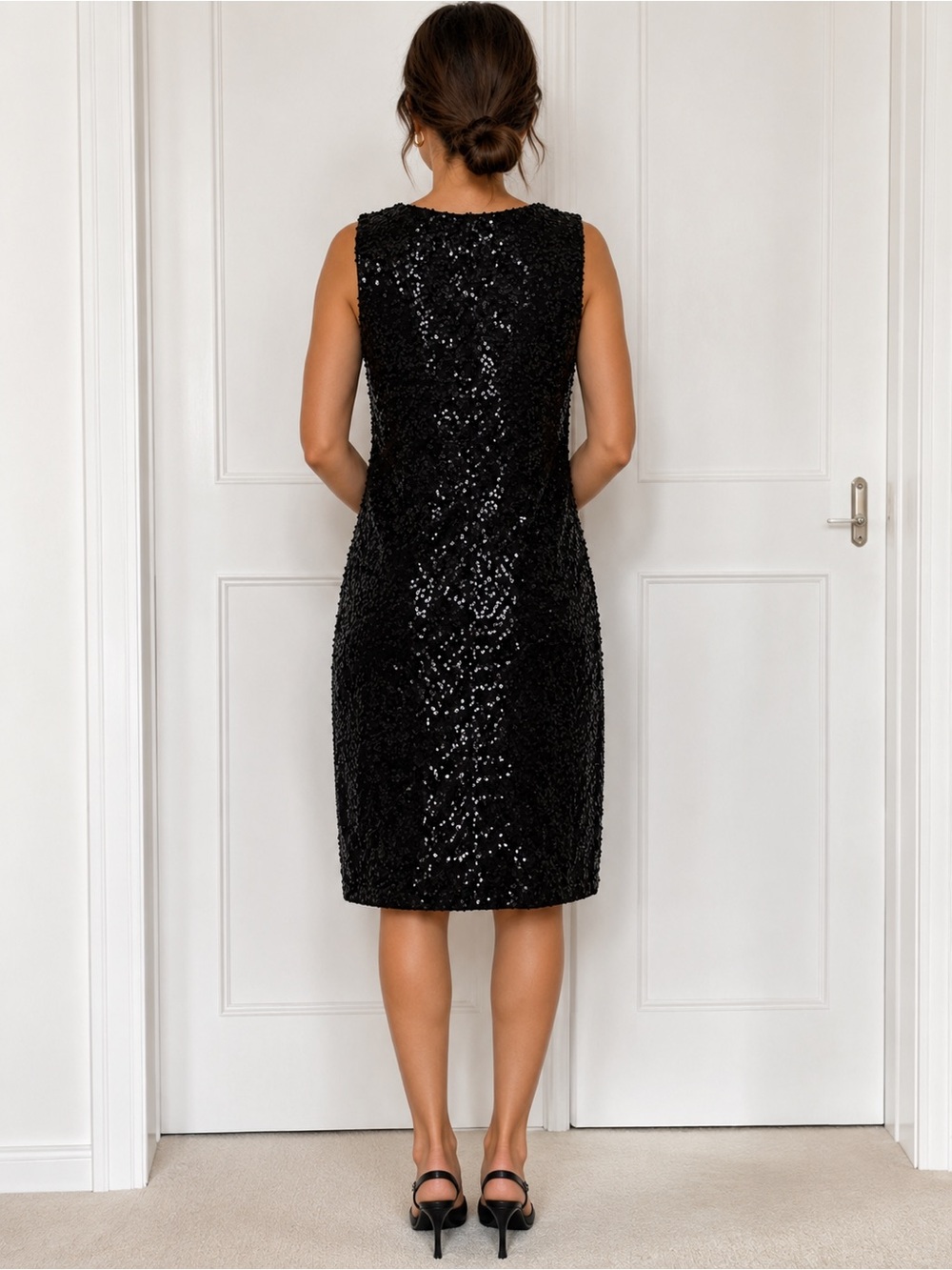 Tahari Black Sequin Sleeveless Shift Midi Dress Special Occasion Cocktail - Picture 2 of 8
